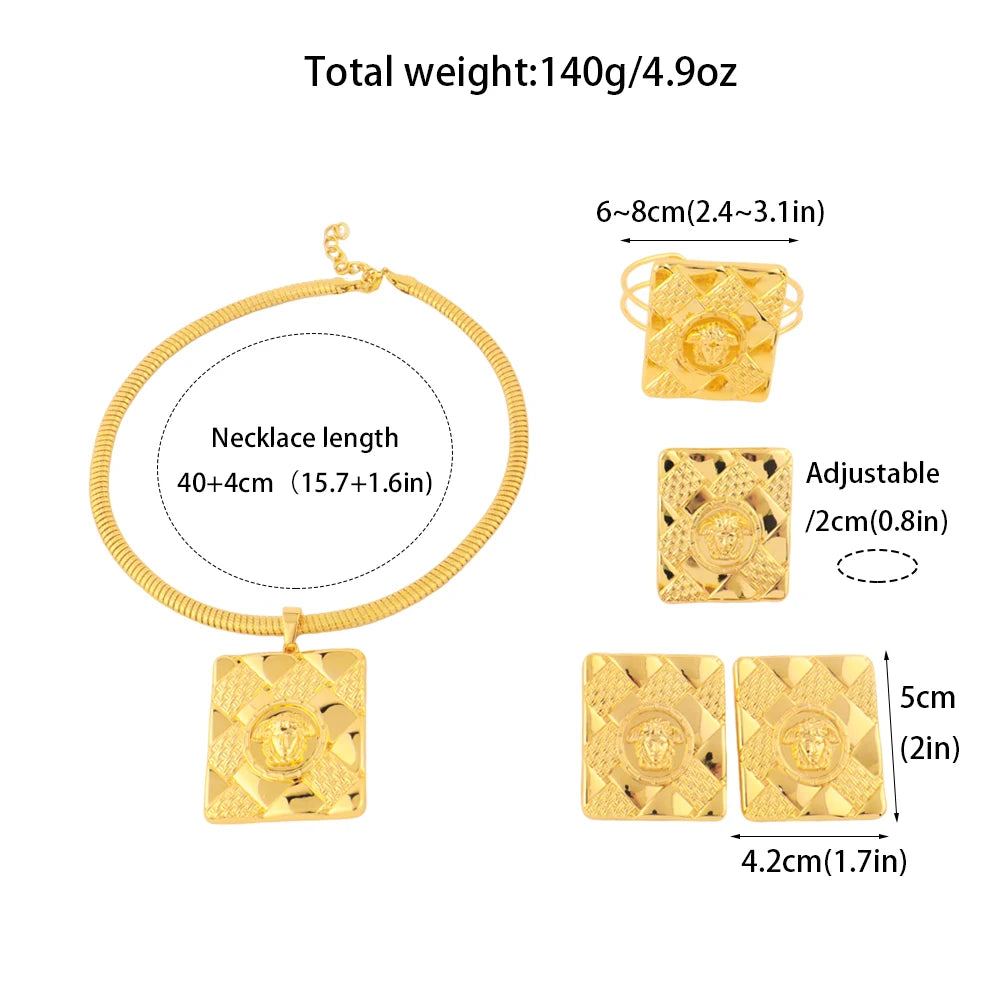 Nigerian Luxury Women Jewelery Set Dubai Gold Color Square Earrings Portrait Necklace  Bracelet Ring for Daily Wear Party Gift