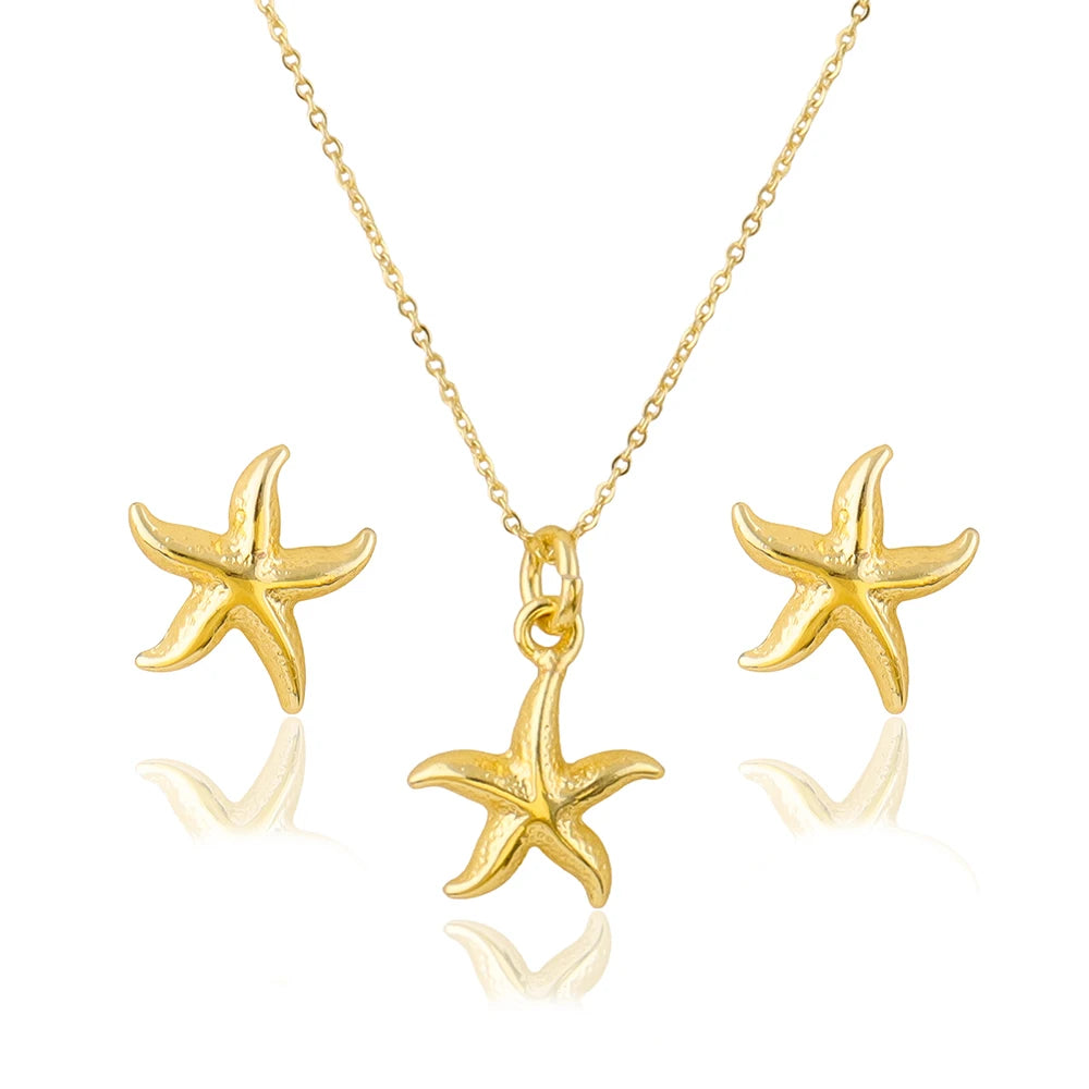 2PCS Retro Sea Star Necklace Earrings Women's Aesthetics Jewelry Set Trendy Summer Gold Color Earrings Punk Wedding Jewelry Gift