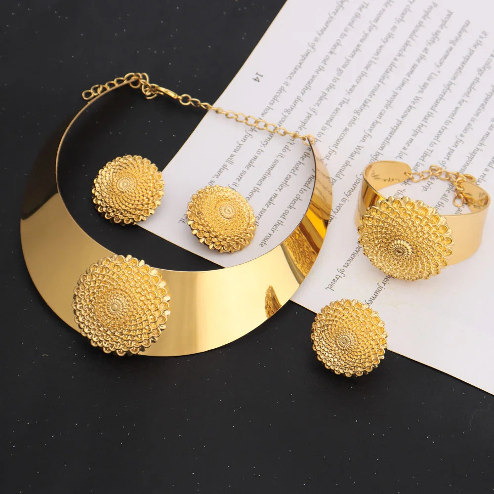 Gold Color Luxury Sunflower Shape Necklace Bangle Earrings Ring For Women Fashion Pretty Jewelry Set Gift For Party Wedding