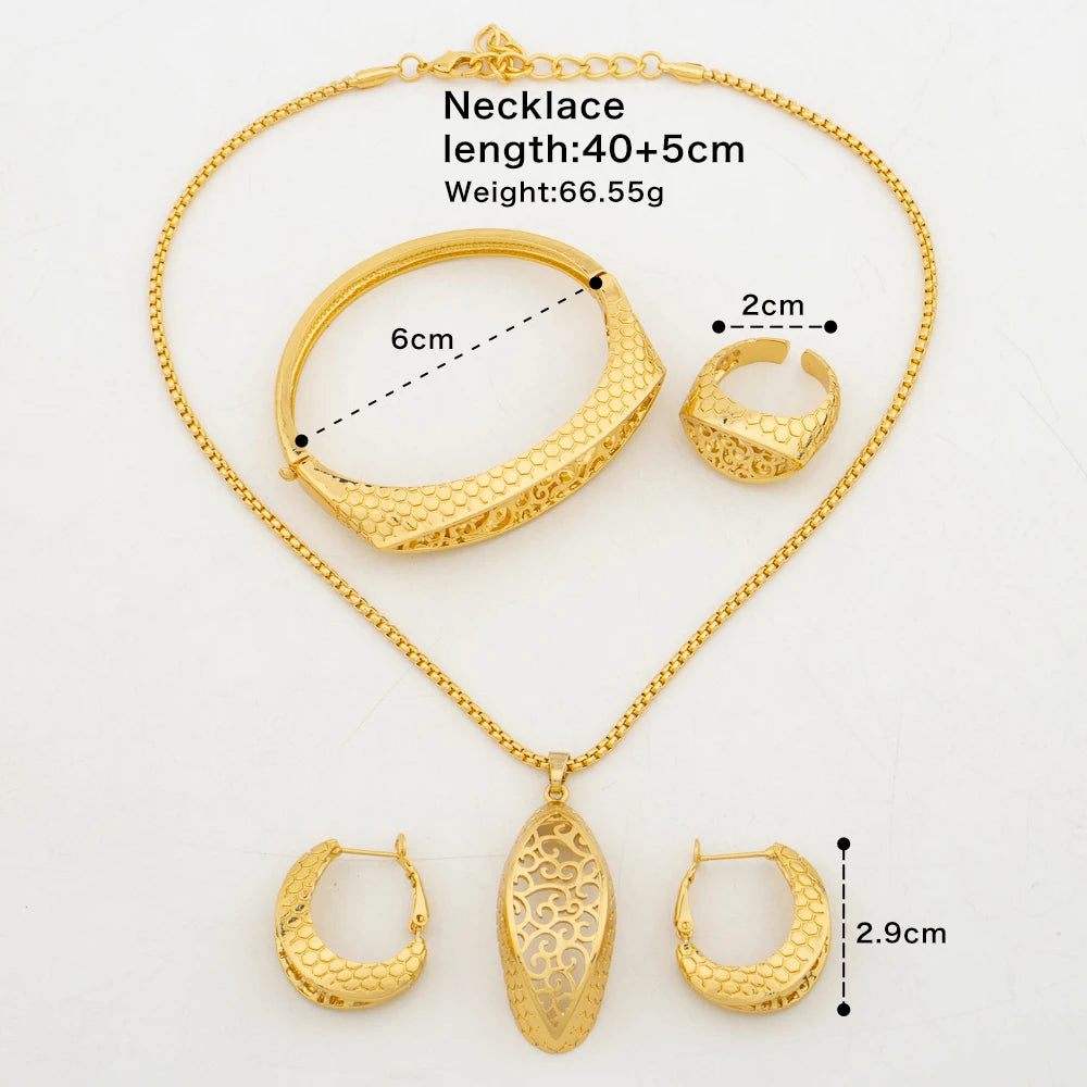Women Lady Elegant Hollow Pendant African Gold Color Jewelry Set Necklace Clip Earrings Bangle Ring Party Ethiopian Jewellery