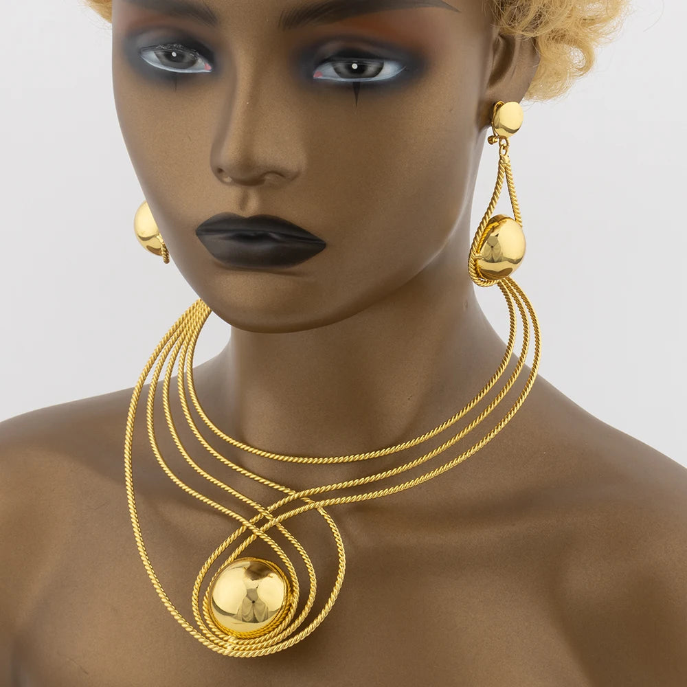 18K Gold Plated wedding jewelry for woman set Round Pendant Exquisite Necklace and earrings Bracelet Ring set bridal accessories