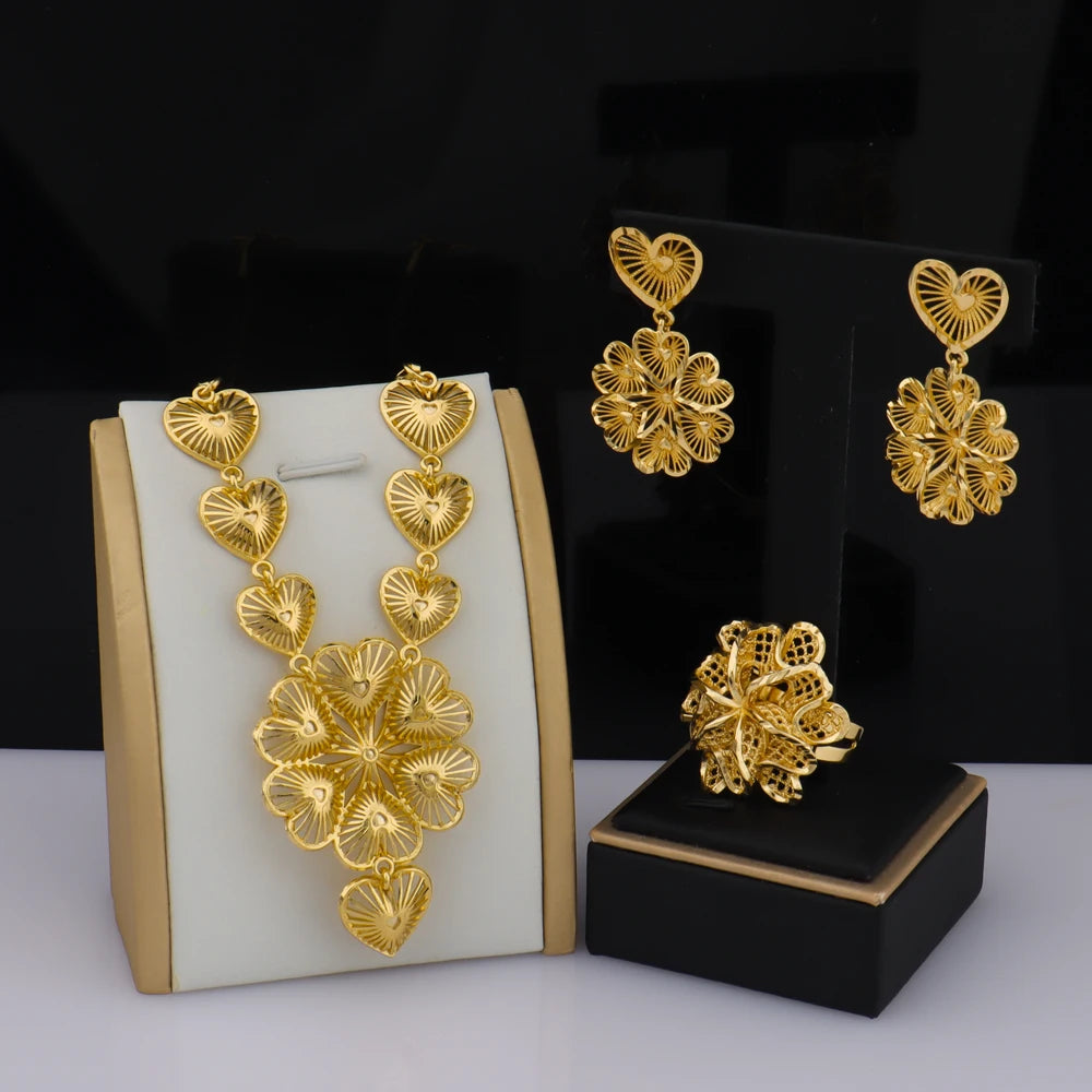 France Luxury Gold Color Jewelry For Women African Dubai Bridal Necklace Earrings Rings Set Wedding Party valentine day Gifts