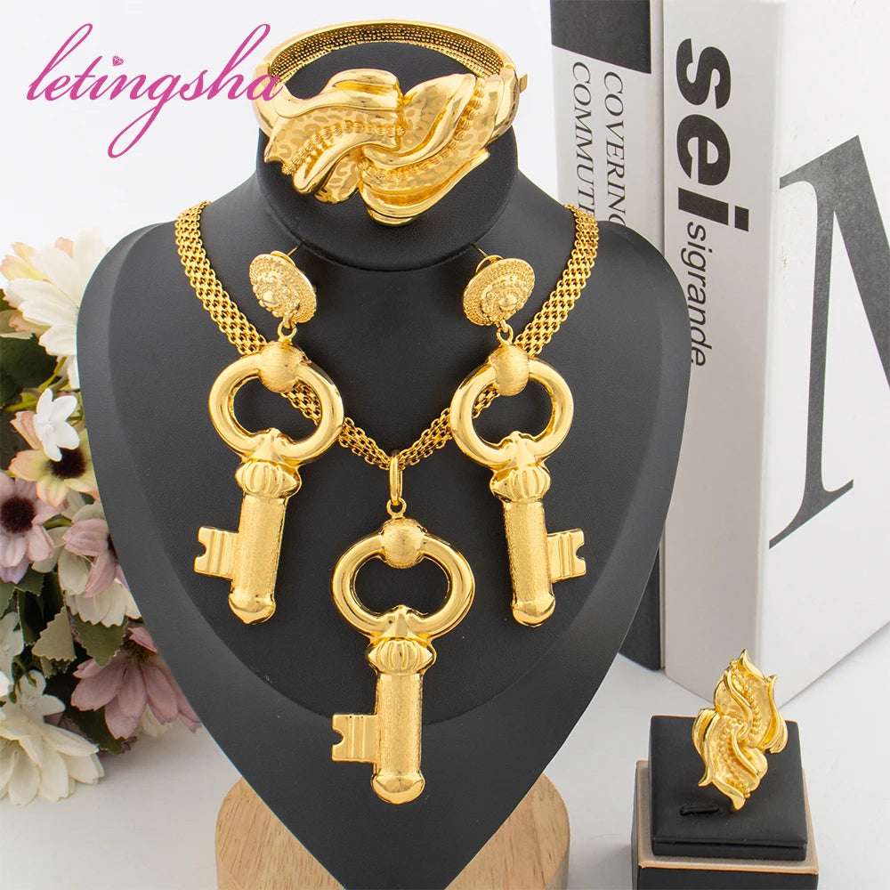 African Copper Gold Plated Jewelry Set Hip Hop Key Design Necklace Earrings Luxury Classic Bangle Ring Set Daily Wear Party Gift