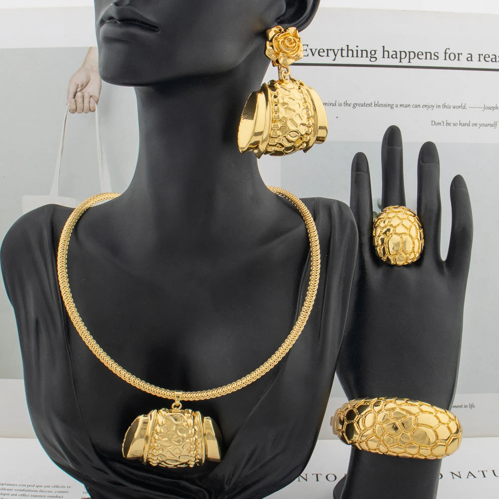 Africa Necklace Earrings Gold Color Jewelry Set for Women Copper Dubai Drop Earrings Bracelet Ring Punk Jewelry Accessories Gift