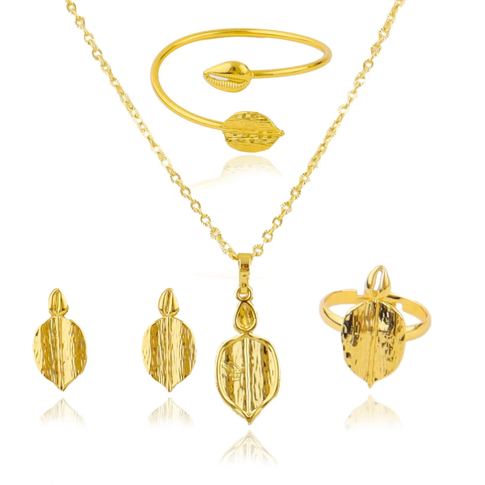 French Gold Plated Leaf Necklace Earrings Bracelet Ring Set for Women Girl Gold Color Bangle Jewelry Gift for Party Wedding