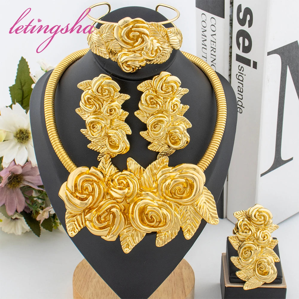 Dubai Classic Big Flower Pendant Jewelry Set for Women African Luxury Gold Plated Necklace Earrings Bangle Ring Set Wedding Part