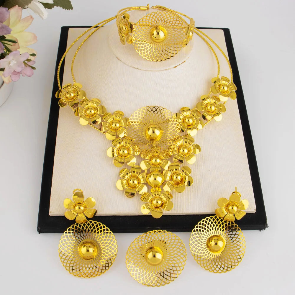 Big Bride Jewelry Set Dubai Gold Plated Earrings Necklace Copper Multiple Small Flower 4PCS Luxury Bangle Rings Wedding Gift