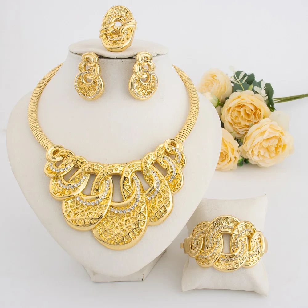 Gold Color Luxury Noble Women Jewelry Set With Necklace Bracelet Ring Earrings Trendy Design Jewelry Gift For Party Wedding