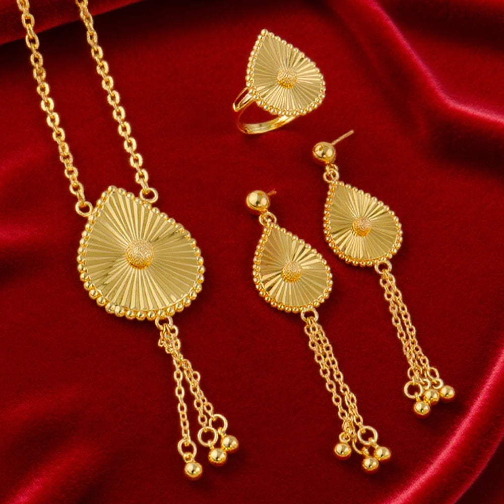 Fashion Gold Color Pendant Necklace Earrings Ring Set Arabic Tassel Jewelry Set Dubai Women Trendy Wedding Party Jewelry Gifts