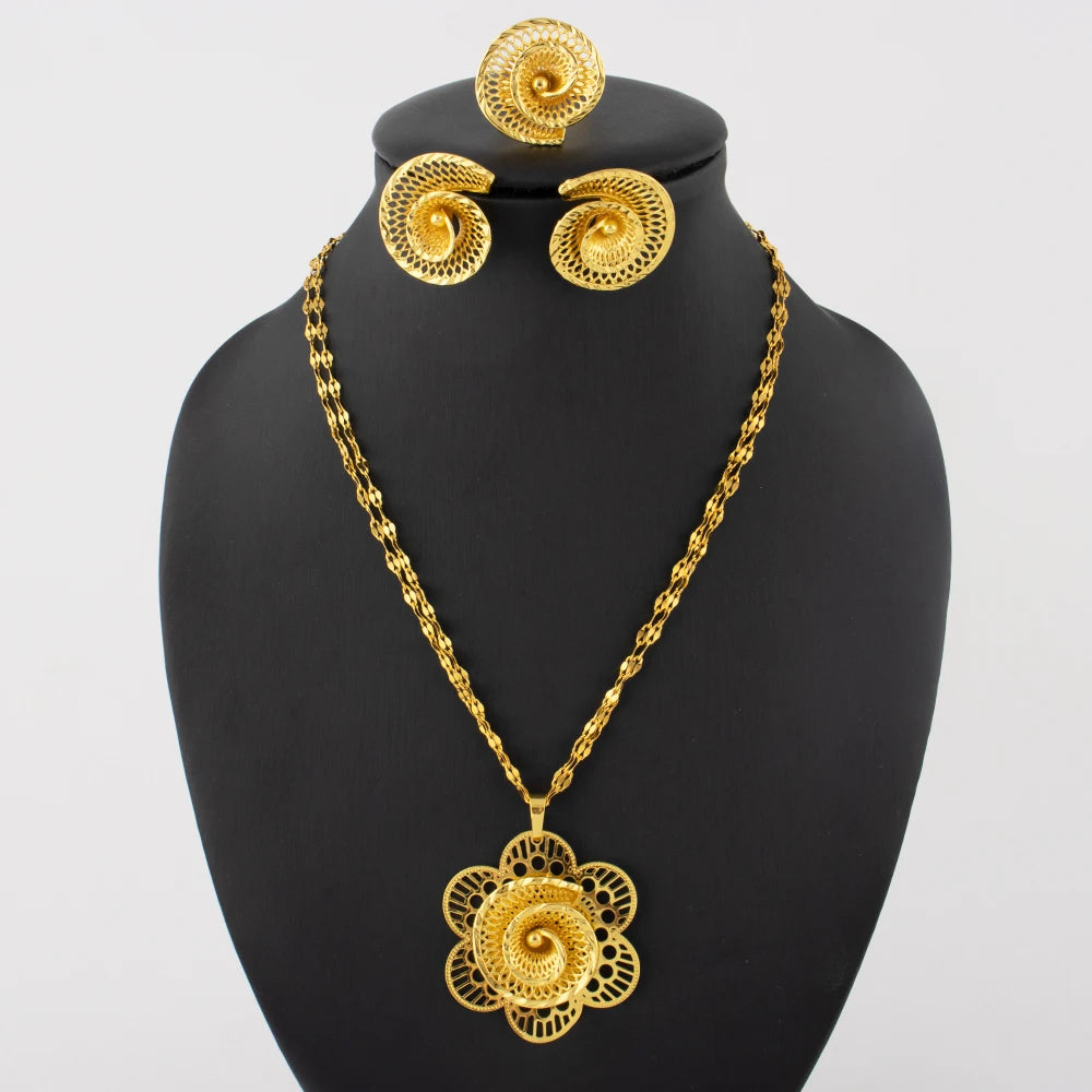 Gold Plated Elegant Flower Shape Necklace Earrings Ring Set for Women Dubai Gold Color Jewelry Gift for Couple Christmas Party