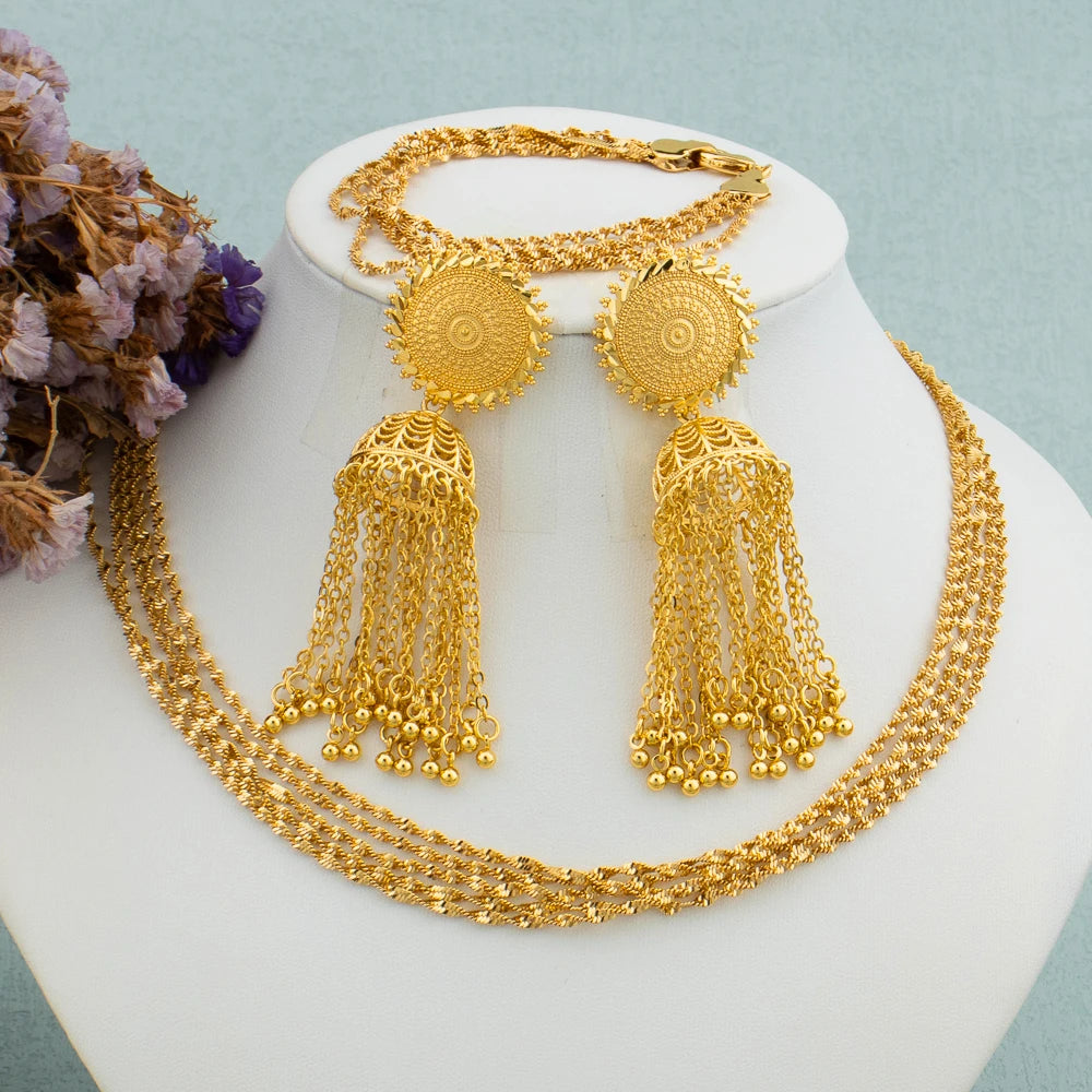 New Fashion Earrings Necklace Chain Set Dubai Classic Trendy Women Daily Wear Luxury Lady Italian African Gold Color Jewelry Set
