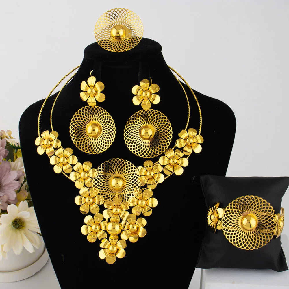 Big Bride Jewelry Set Dubai Gold Plated Earrings Necklace Copper Multiple Small Flower 4PCS Luxury Bangle Rings Wedding Gift