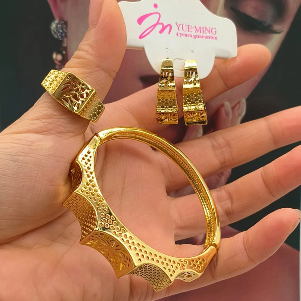 YM 3pcs Jewelry Set for Women Hollow Geometry Bridal Jewellery Fashion Charm Bracelet Clip Earrings Open Ring Holiday Party Gift