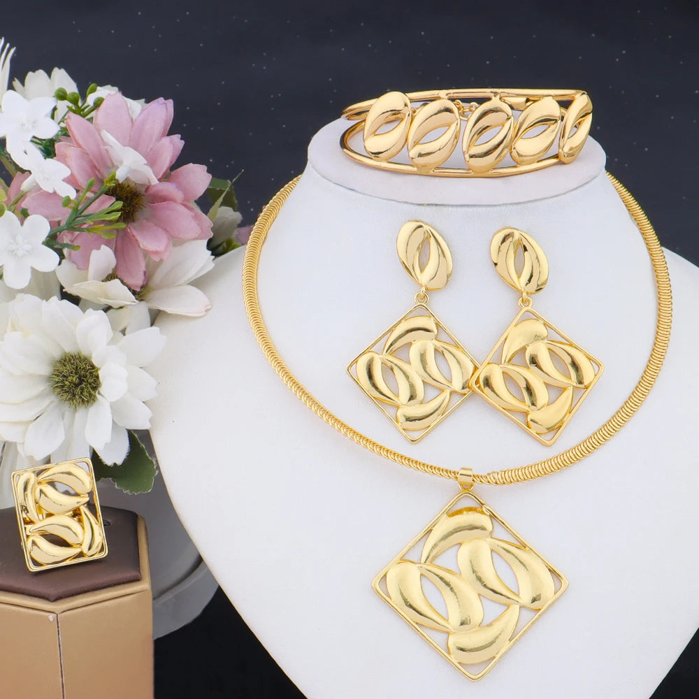 Gold Plated Weaving Tassel Pendant Necklace Earrings Bracelet Ring Jewelry Set for Women Fashion Jewelry Gift for Party Wedding