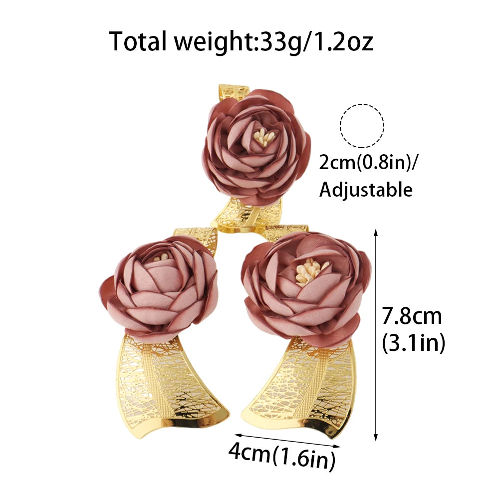 2025 New High Quality Big Pink Flower Earrings Women Jewelry Set Dubai Gold Plated Luxury Ring  For Party Wedding Daily Dating