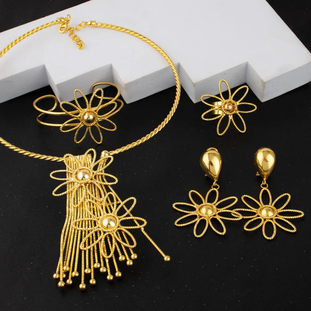 Golden Color Fashion Luxury Female Jewelry Set Necklace Earrings Bangle Ring for Dubai African Women Party Jewelry Gifts