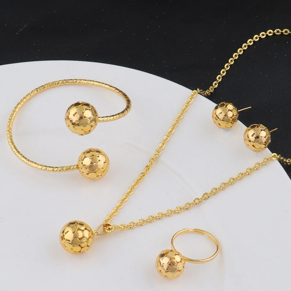 Fashion Gold Color Hollow circle Jewelry New Fashion Metal Jewelry Three-dimensional Ring Earring Necklace Four Piece Set Gift