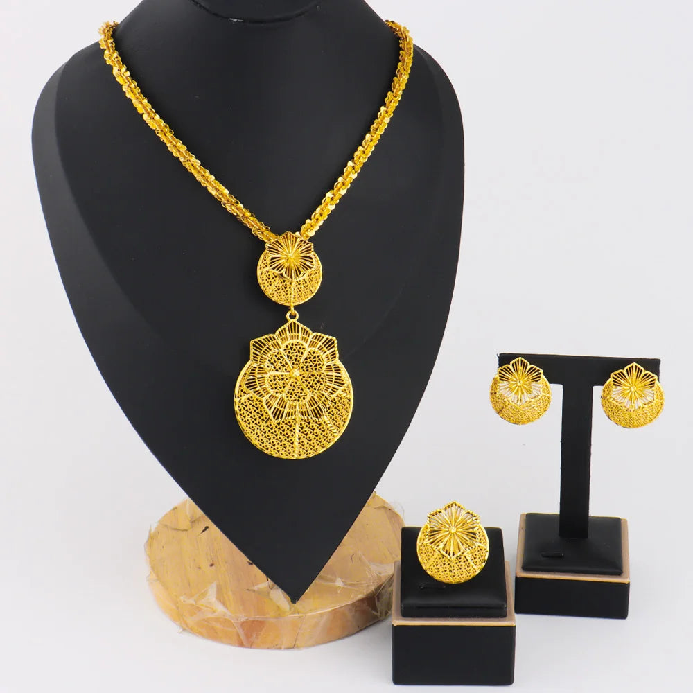 Luxury Dazzling Gold Color Necklace Earrings Ring Set for Women Gold Plated Flower Shape Jewelry Gift for Party Wedding