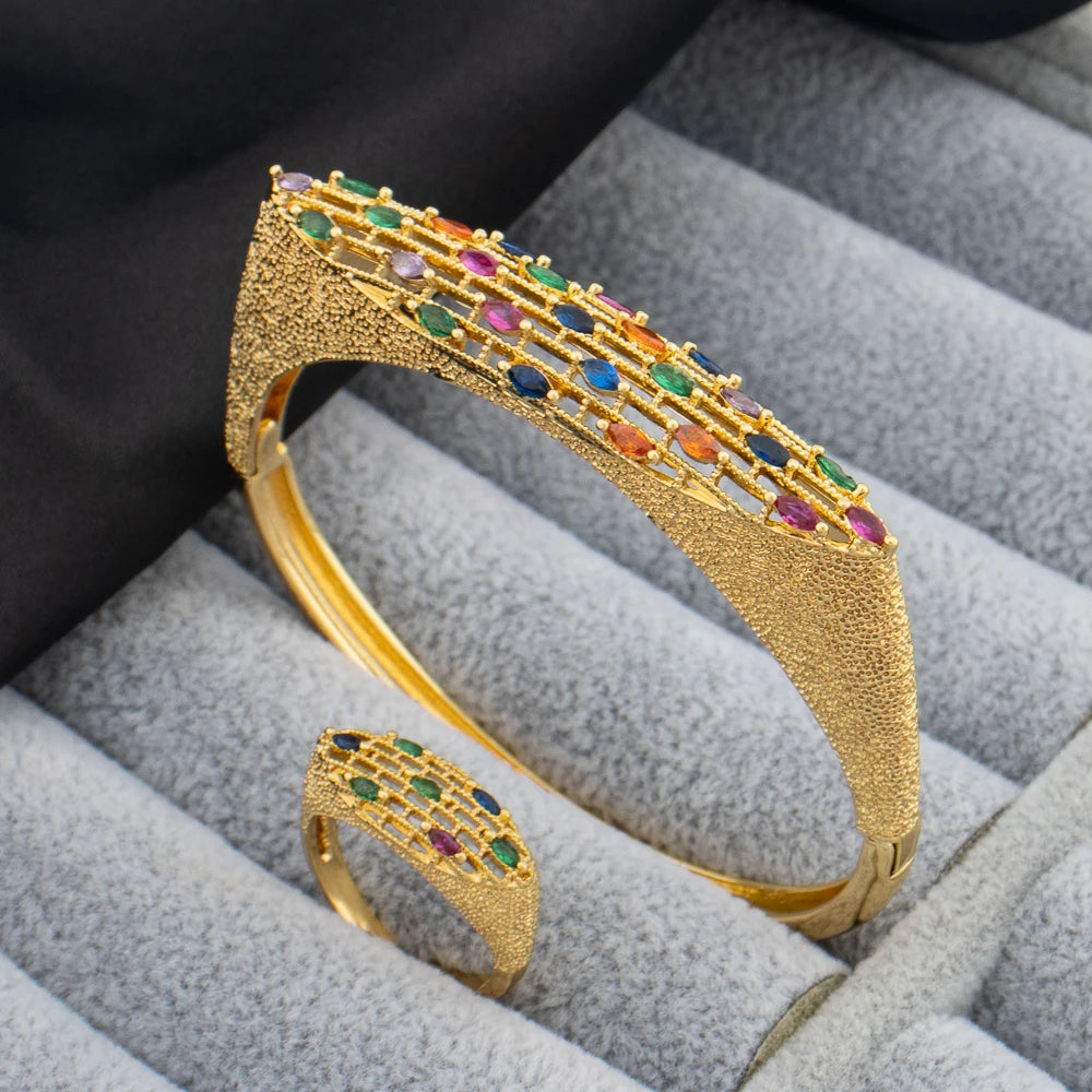 Gold Color Bangle with Ring Jewelry Set African Bride Shine Crystal Design Charm Bangle and Finger Ring 2Pcs Set for Weddings