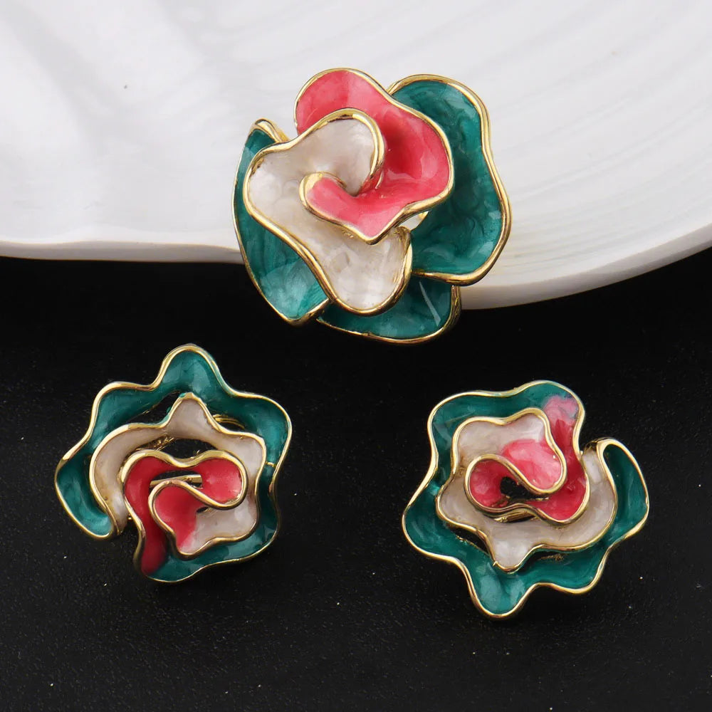 Women Rainbow Color Earrings Ring Nigeria Africa Fashion Earrings Jewelry Gold Plated Ring Wedding Party Daily Wear Accessories