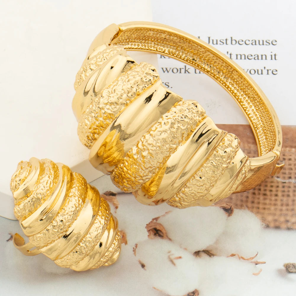 Dubai Bangle with Ring Set for Women New Design Gold Plated Hand Bracelet with Finger Ring Set Wedding Party Jewelry Engagement