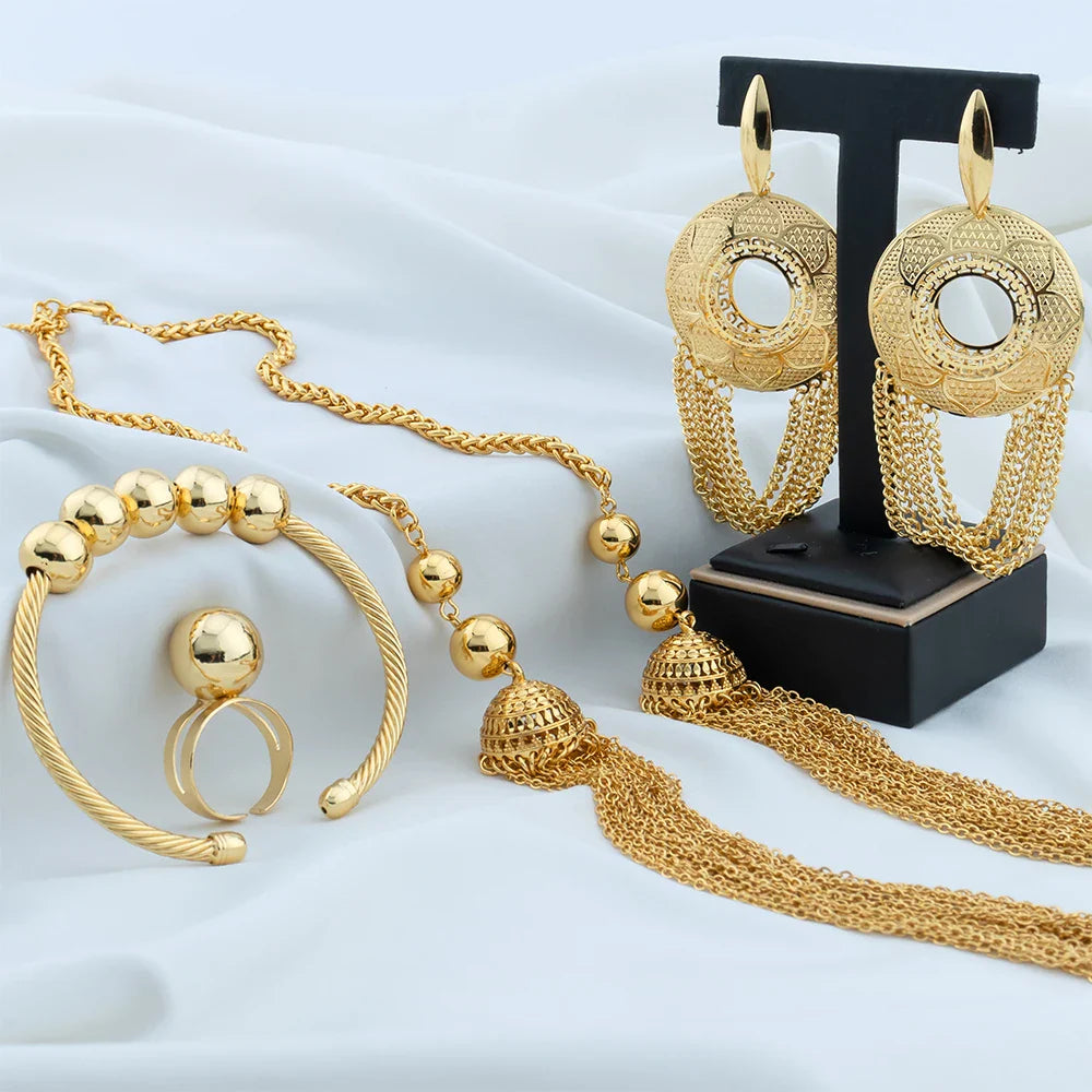 YM Luxury Jewelry Sets Dubai Gold Color Necklace Earrings With Tassel 80cm Long Chain Cuff Bangles Ring Jewelry for Women Gifts - YUEMING JEWELRY