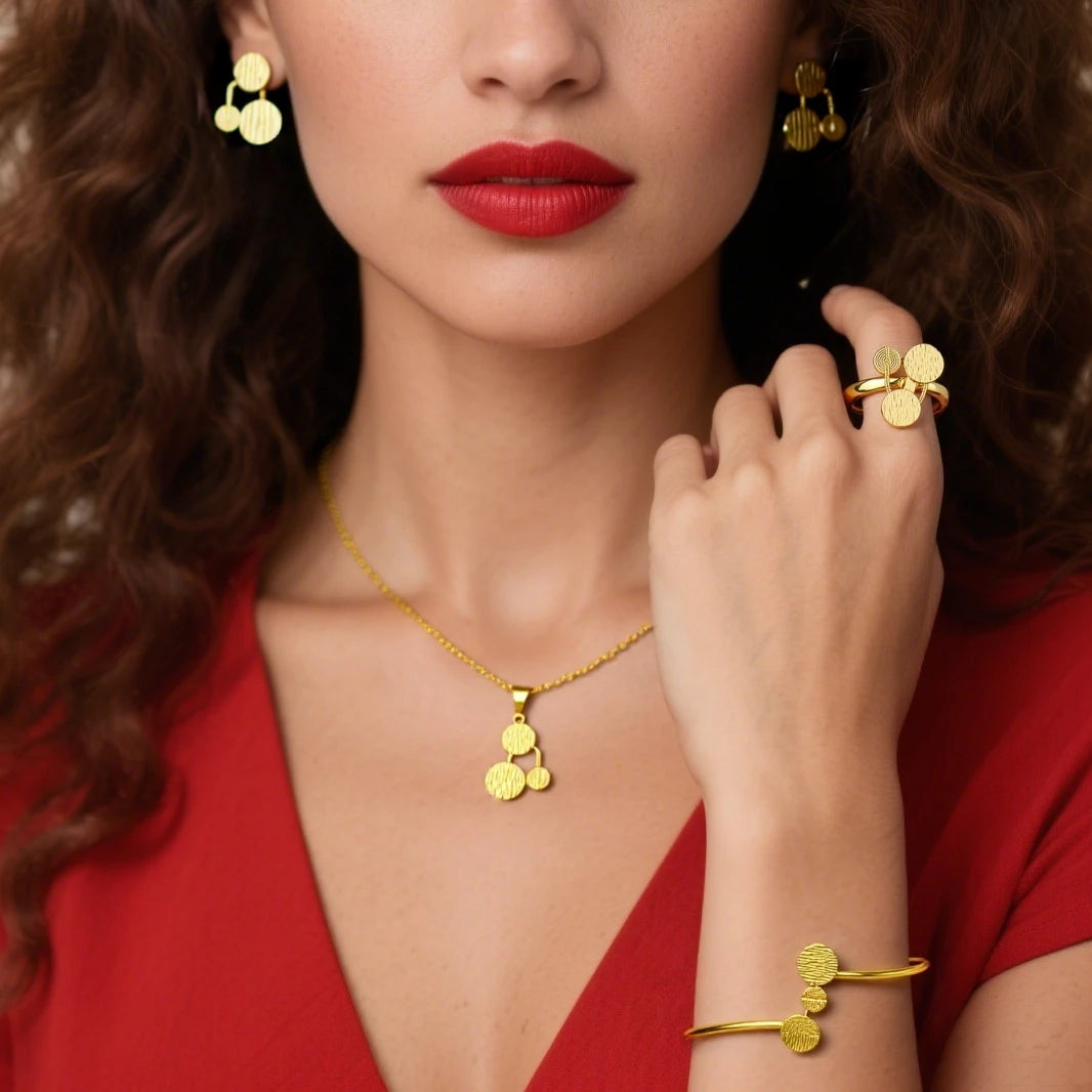 Italy French Gold Plated Exquisite Necklace Bracelet Earrings Ring Set for Women Girl Jewelry Gift for Party Wedding Banquet