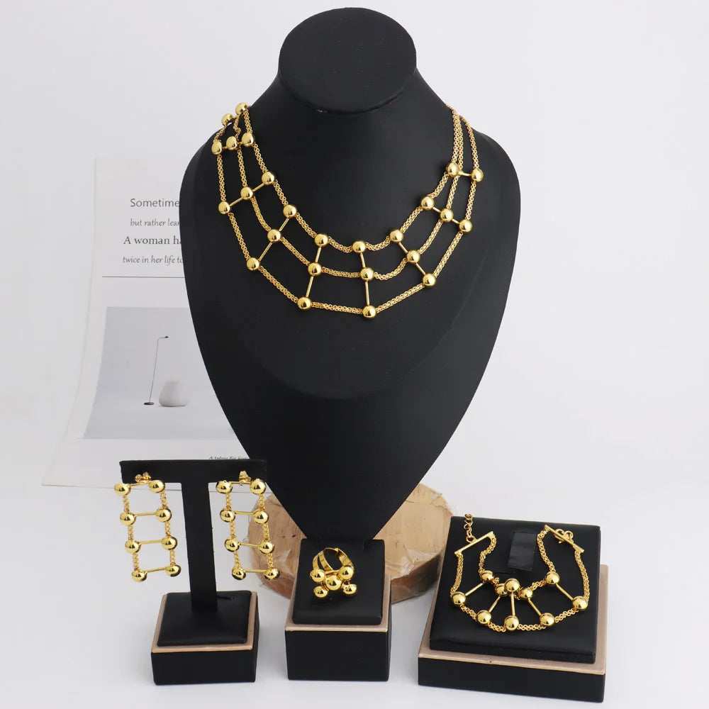 Fashion Trend Woman Jewelry Set Africa Gold Plated Grid Shape Necklace Special Bracelet Earring Ring For Nigeria Party tiki