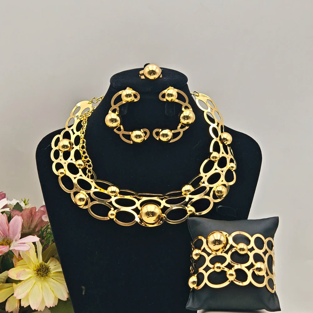 Dubai Luxury Jewelry Set For Women Nigeria Gold Plated Round Hole Necklace Earrings Bangle Bead Ring For Ethiopia Party Mother's