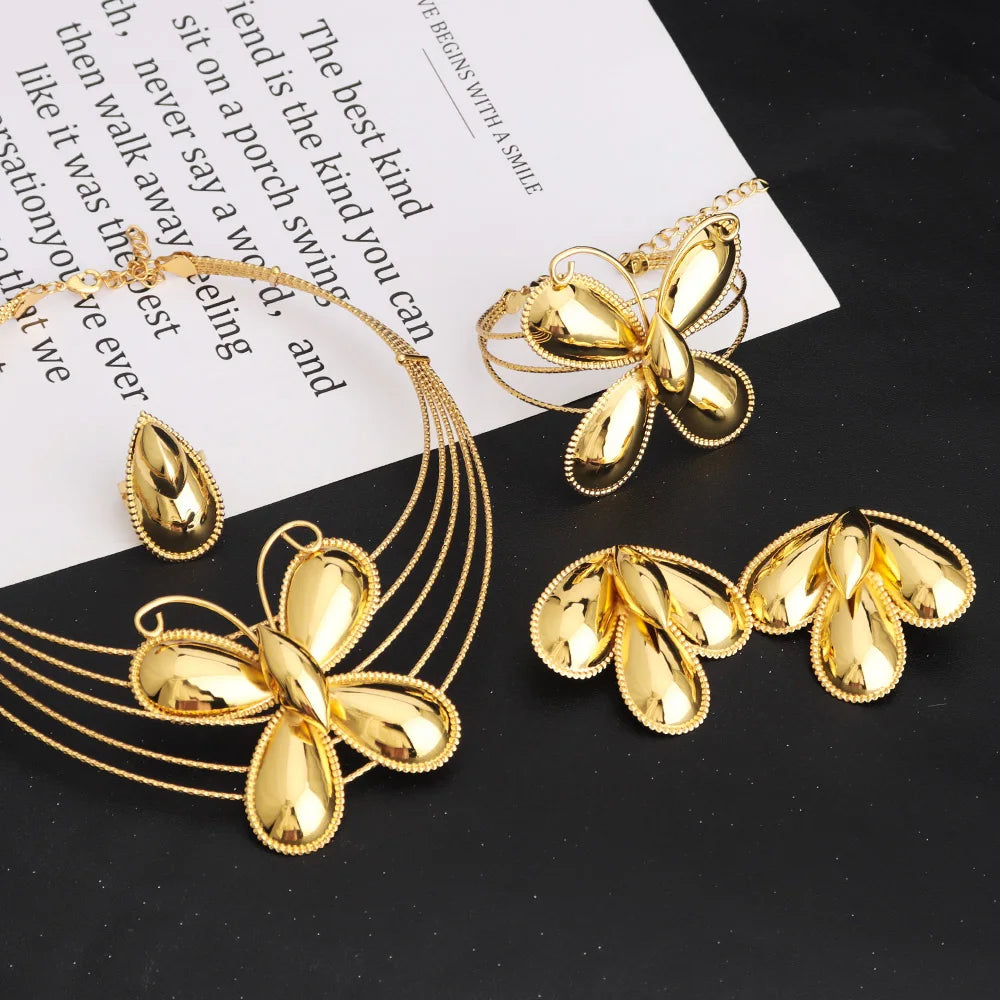 Luxury Gold Color 4Pcs Women Jewelry Set  Nigeria Fashion Butterfly Shape Necklace Earring Bangle Ring For African Party Wedding