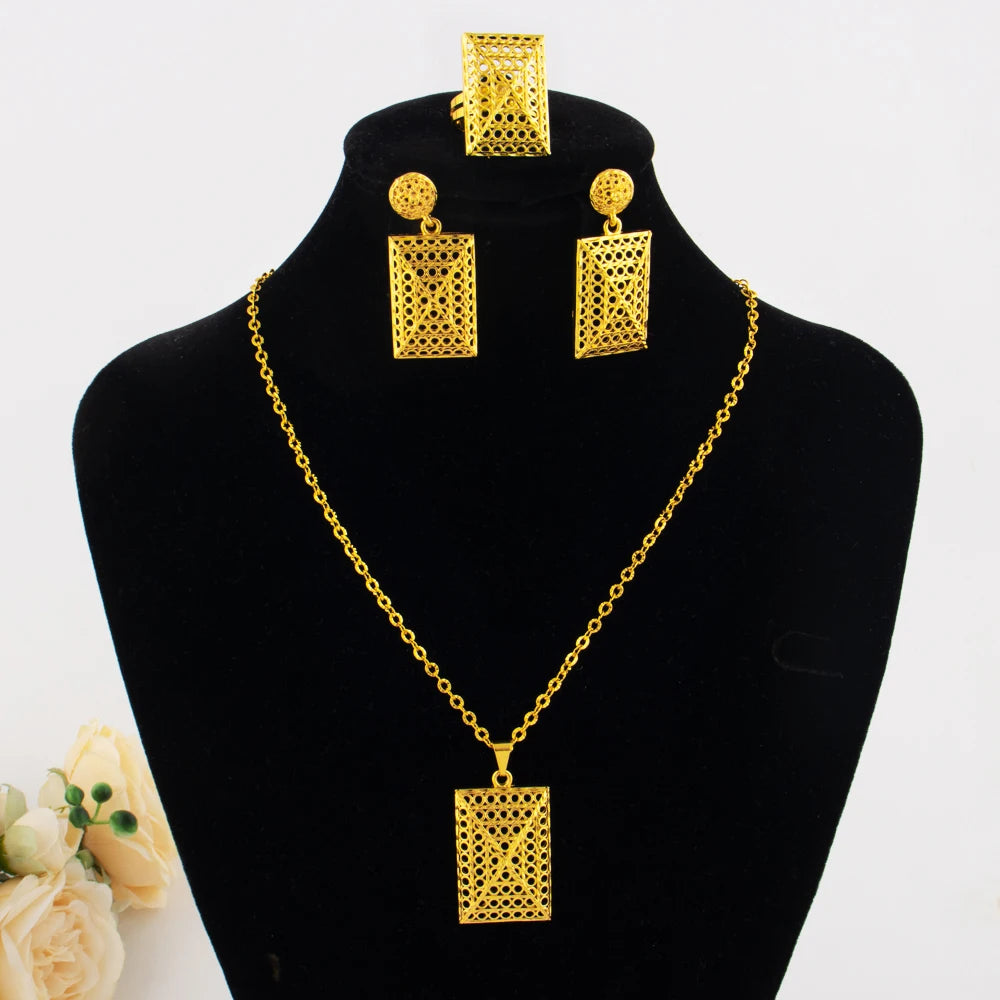 YM Gold Color Rectangle Shape Women Jewelry Set Mid East Noble Earrings Ring Necklace Jewelry Wholesale Gift for Party Wedding