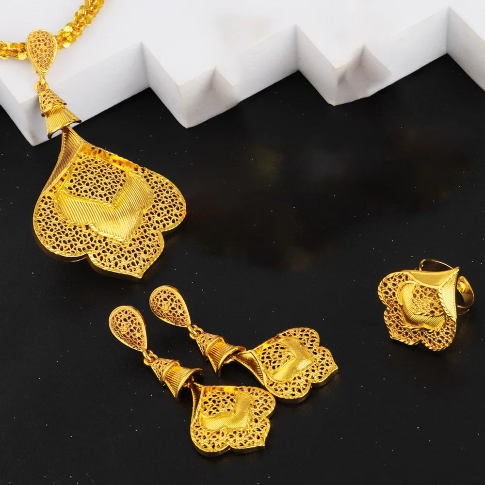 Ethiopia Vintage Gold Color Women Jewelry Set Hollow Out Flower Necklace Ring Drop Earrings For Bridal Party Wedding Easter Gift