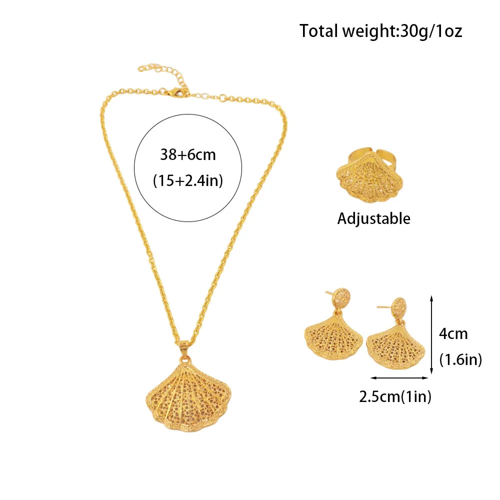 Dubai Luxury Gold Plated Shell Shape Necklace Earrings Ring Set for Women Nigeria Elegant Design Jewelry Gift For Mother Party