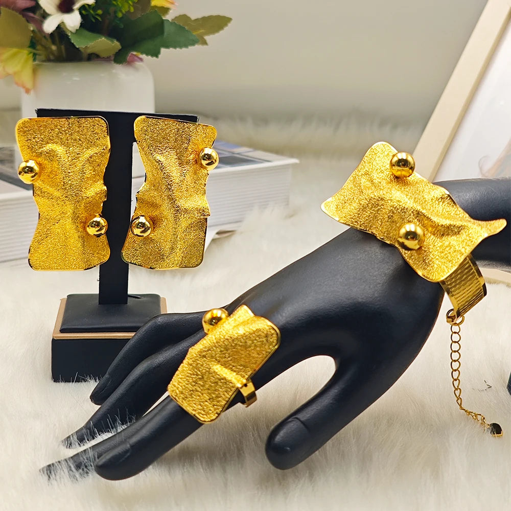 Gold Plated Charm Bracelet Earrings Ring Set for Charming Women Noble Luxury Jewelry Gift for Christmas Party Wedding