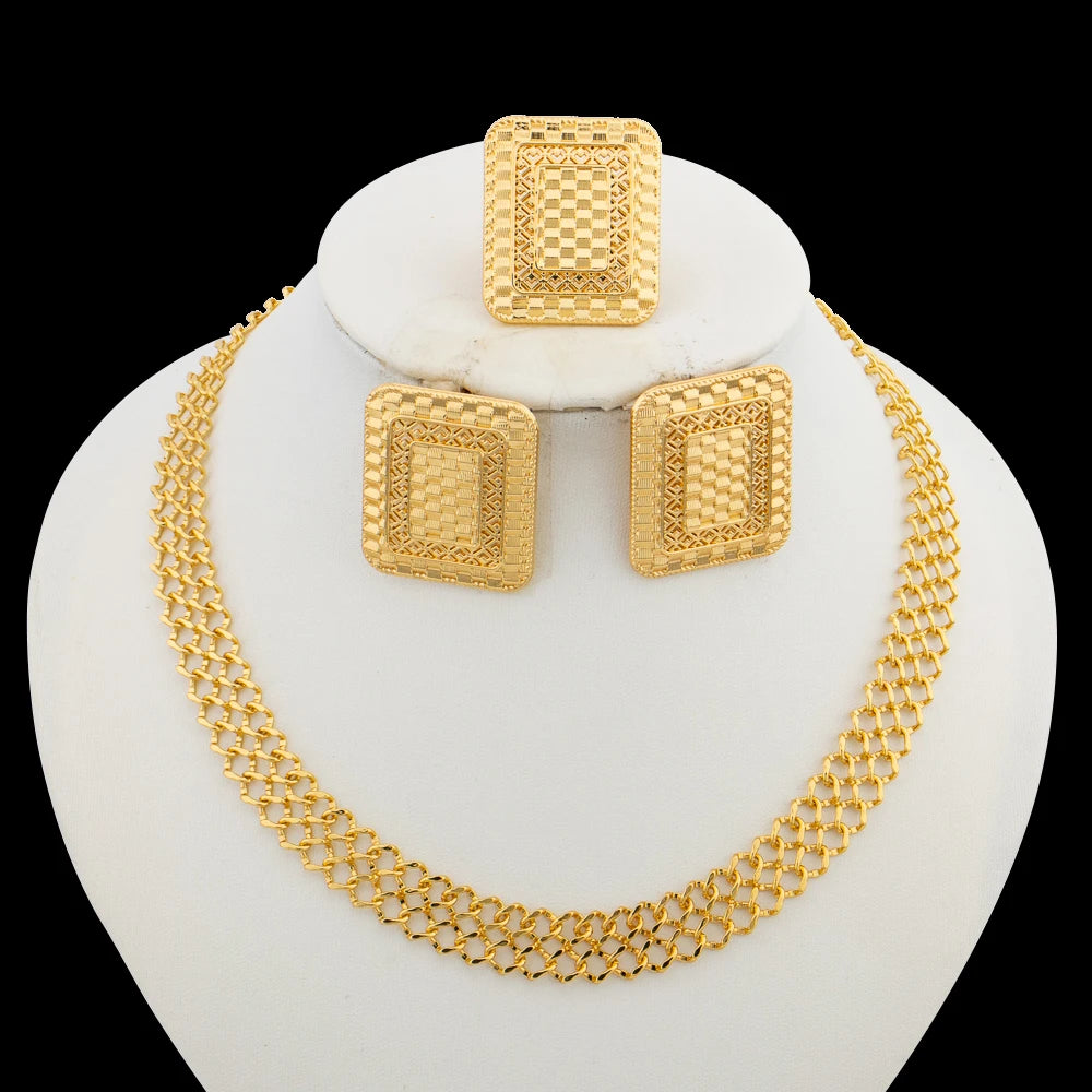 Luxury Gold Color Jewelry Set for Party African Square Design Earrings and Necklace Weddings Bride Jewellery Accessories Gifts