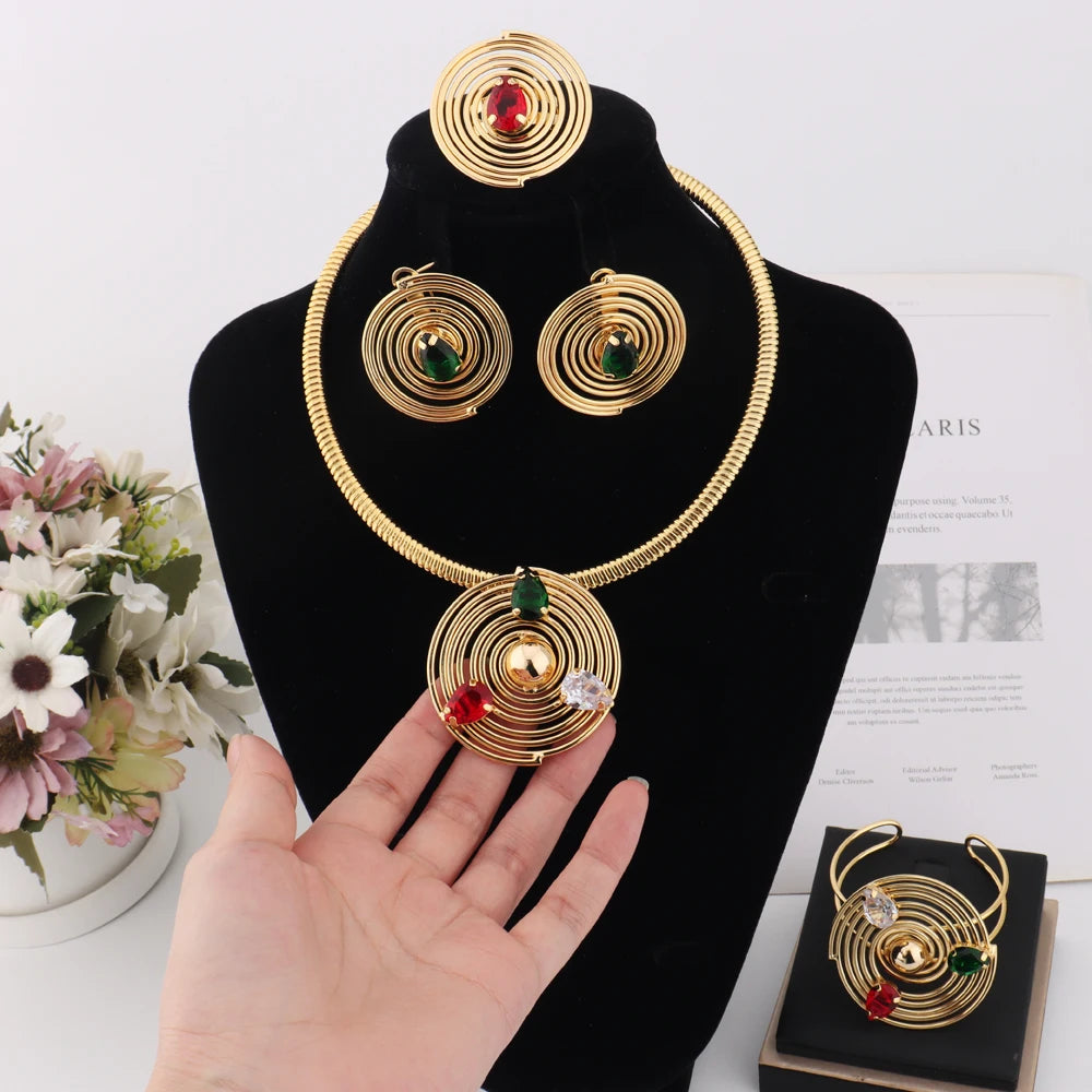 Golden Plated Fine Jewelry Set New Style Necklace Earrings for Women Wedding Birthday Anniversary Party Charm Jewelry Gift