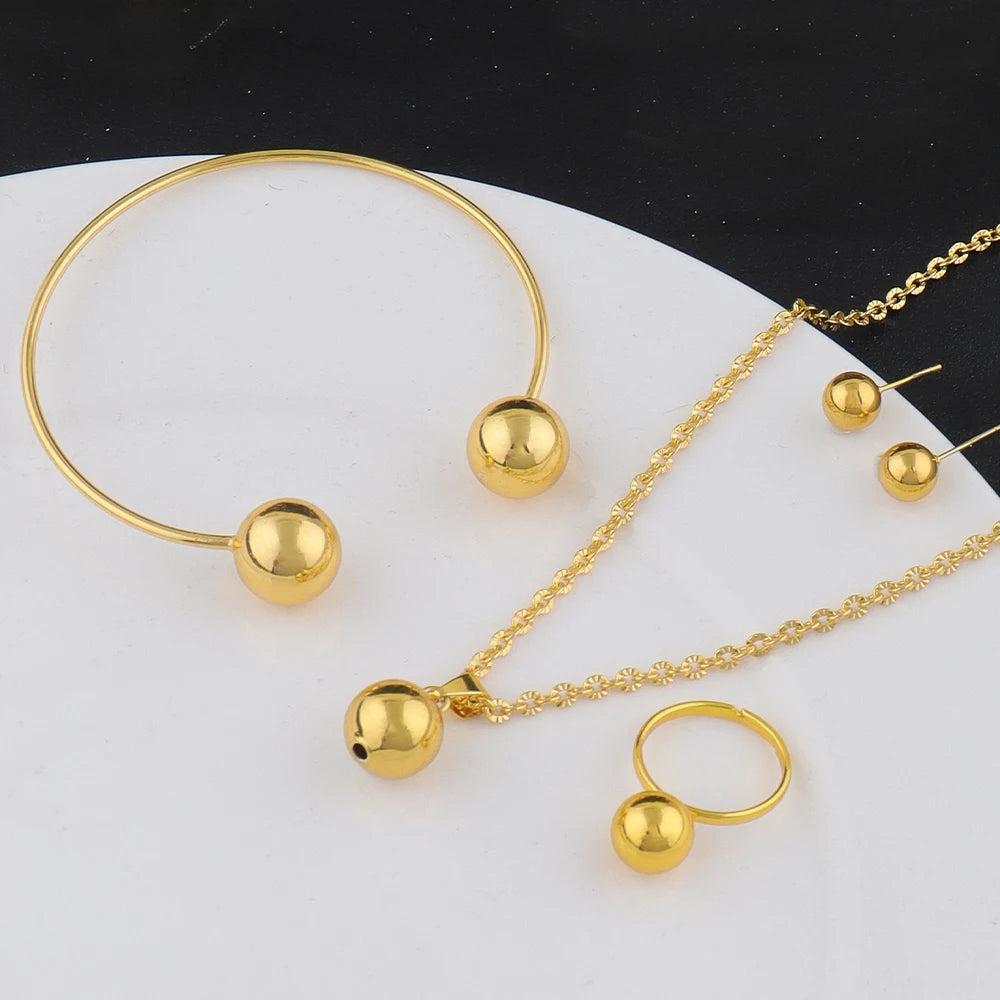 New Fashion Stainless Steel Metal Bead Ball Necklace Bracelet Earrings Ring For Women Gold Color Waterproof Jewelry Set Gift