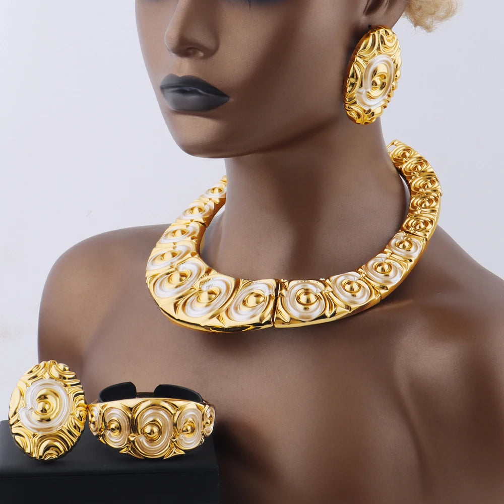 Luxury Shine Gold Plated Heavy Necklace Earrings Bracelet Ring Set for Women Dubai Noble Charms Jewelry Gift for Party Wedding