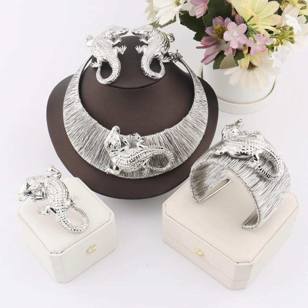 African Silver Color 4Pcs Jewelry Set Crocodile Necklace Earrings Punk Ring Bangle Dubai Wedding Party Anniversary Day Gift