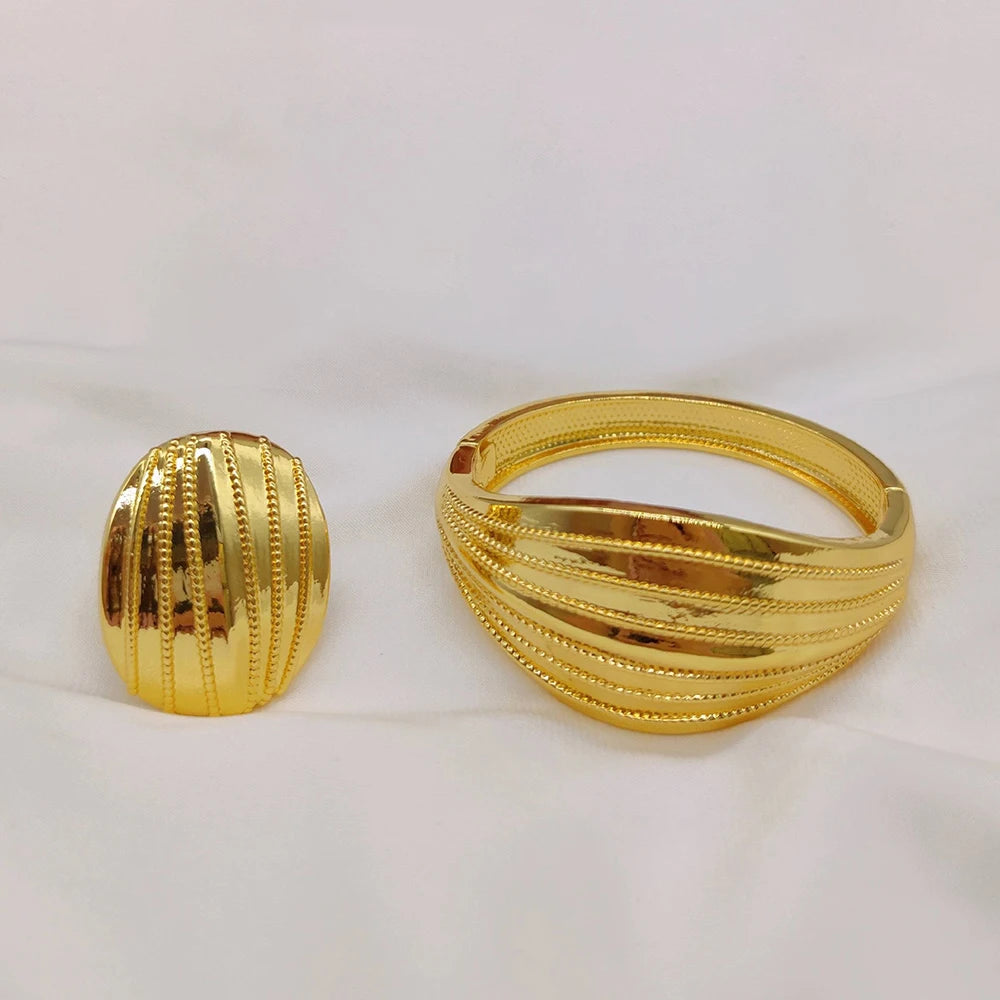Nigerian Bangle Ring Set for Weddings 18K Gold Color Hand Bracelet and Finger Ring 2Pcs Set for Ladies Jewellery Accessories