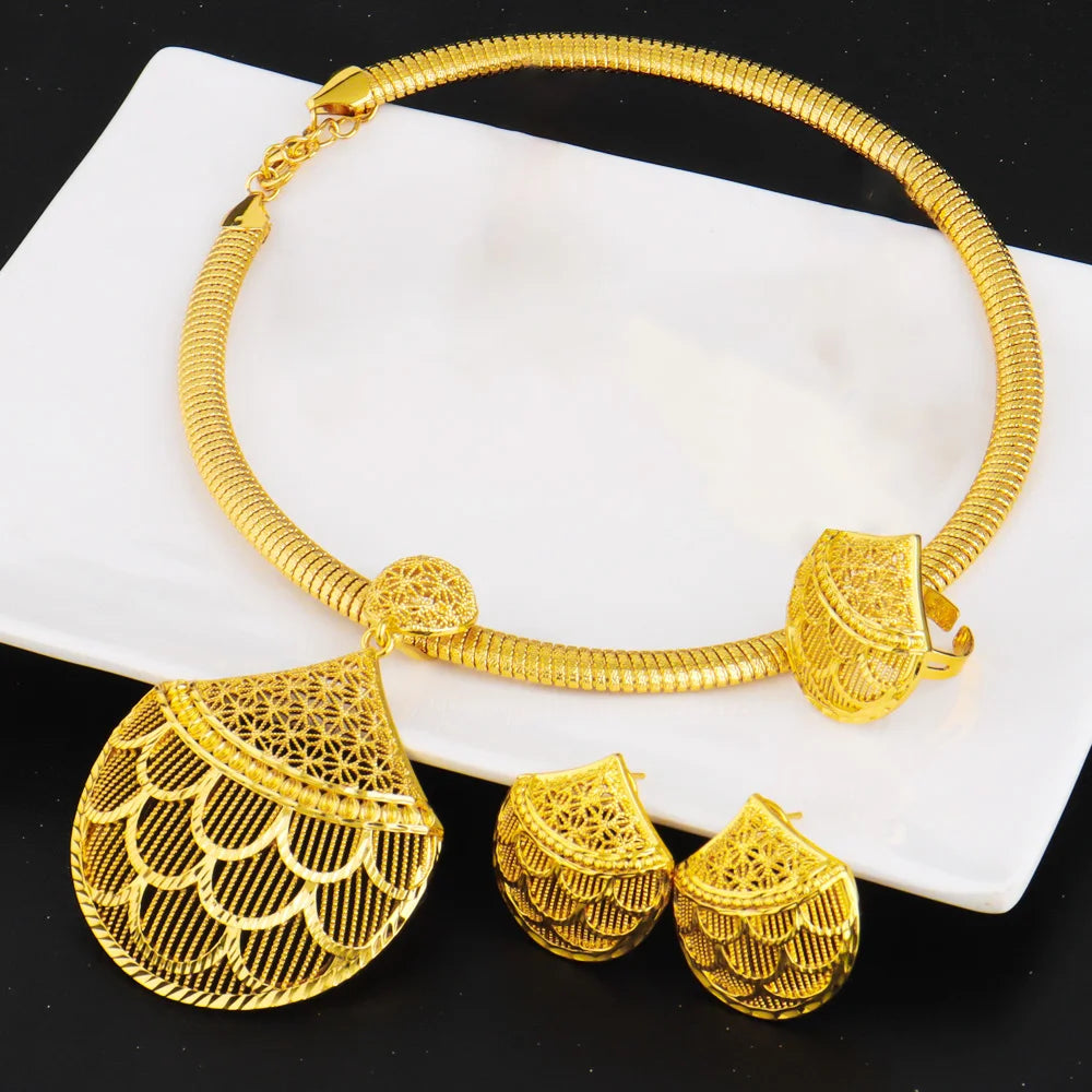 Stainless Steel Women's Necklace Earrings Ring 3PCS Set Vintage Design Jewelry Party Wedding Gifts for Nigeria Girl Bride