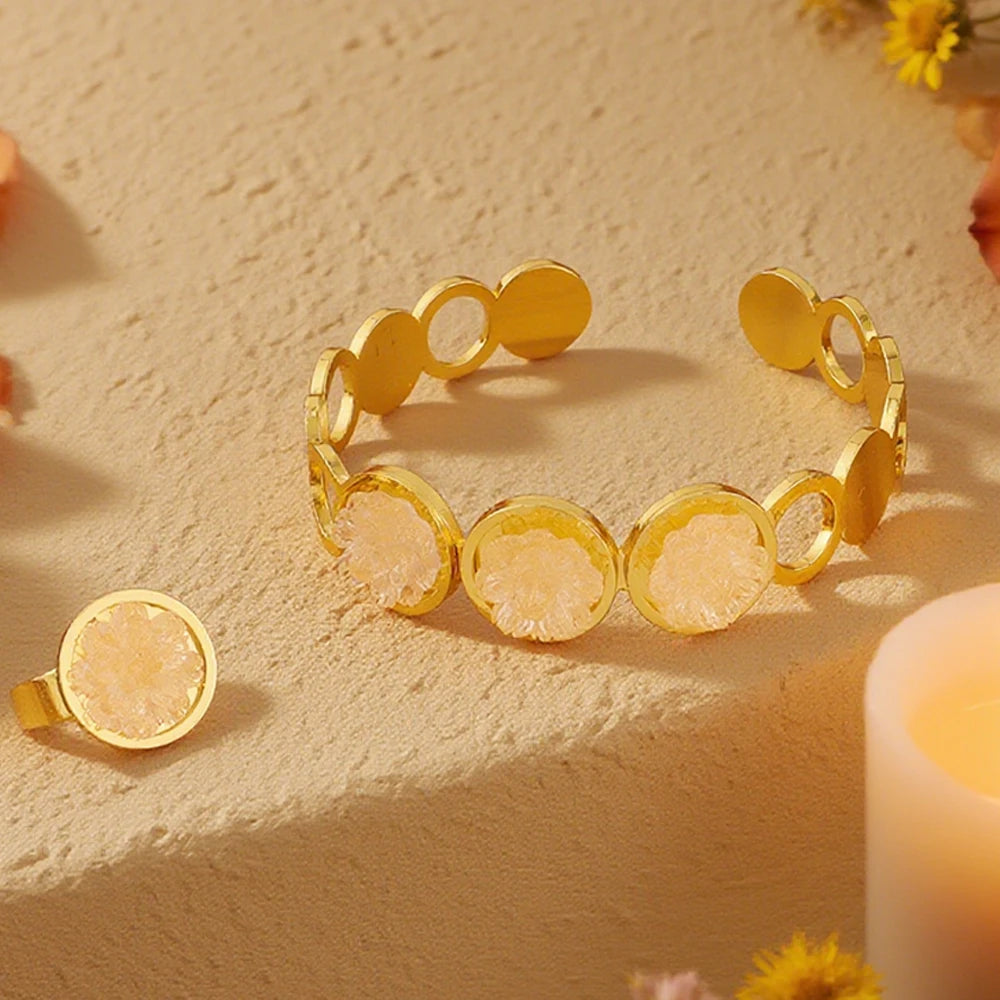 Vintage Stainless Steel Zircon Bangles Ring for Women Luxury Gold Color Jewelry Set Flower Cuff Bangle Wedding Ball Jewelry Gift