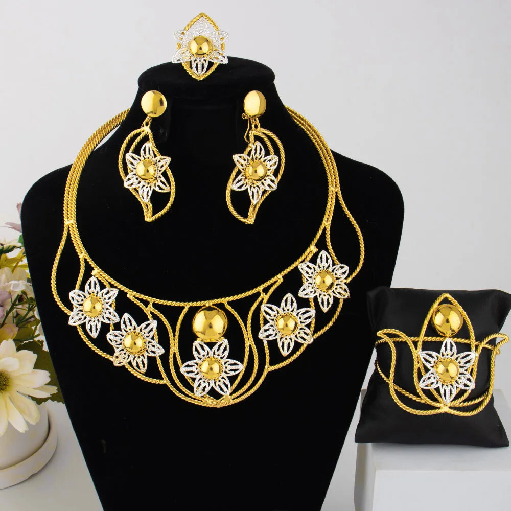 Dubai Jewelry Set For Women Gold Color Hollowed Out Earrings Flower Necklace Bangle Ring Nigeria Elegant Bride Party Easter Gift
