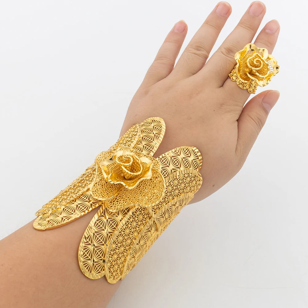 Woman Big Bracelet 18K Gold Plated Copper Dubai Flower Bangle with Ring Luxury Large Arbic Jewelry Wedding Party Gift