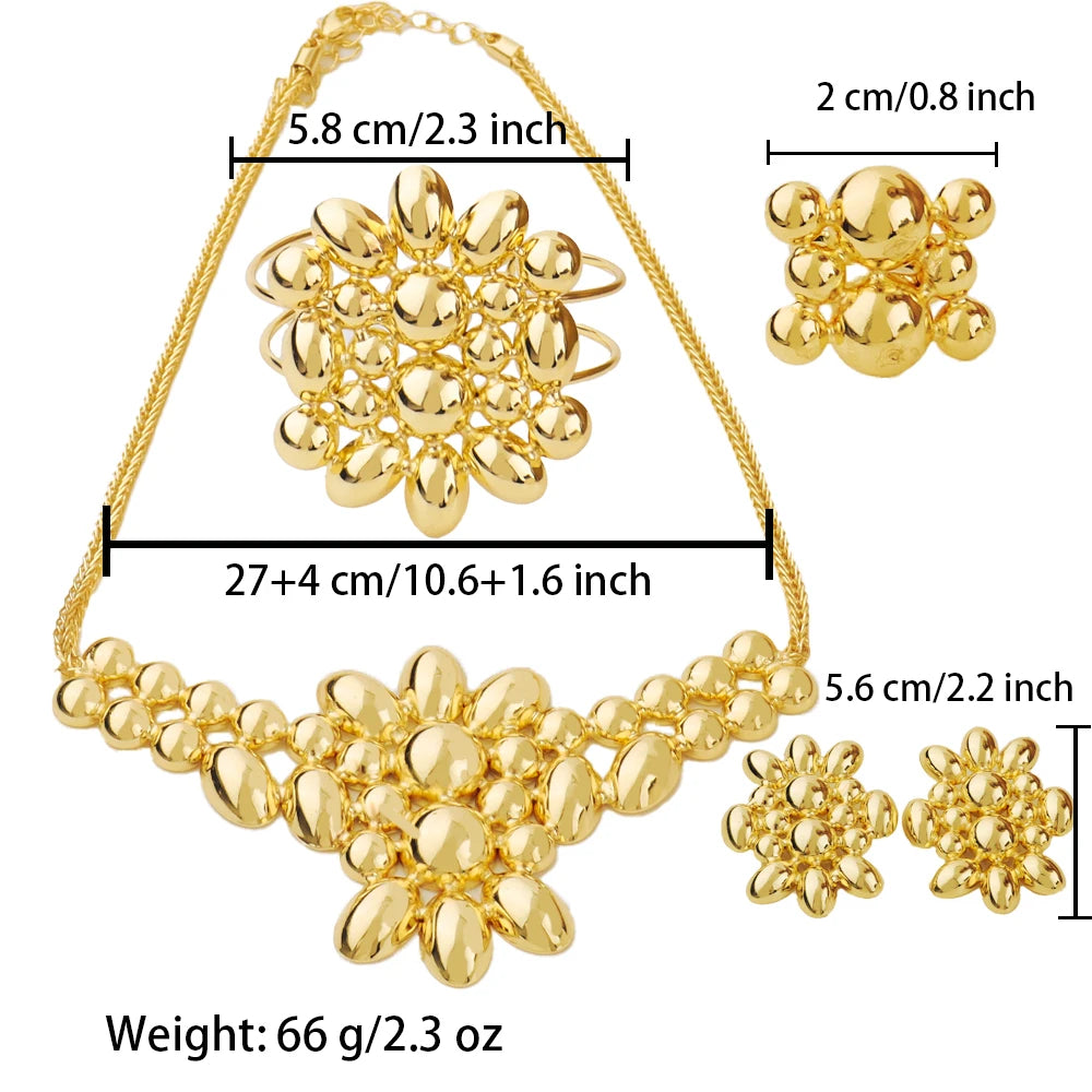 France Luxury Flower Jewelry Set For Women Dubai Gold Color Bridal Wedding Necklace Earrings Bracelet Ring Set Costume Jewelry