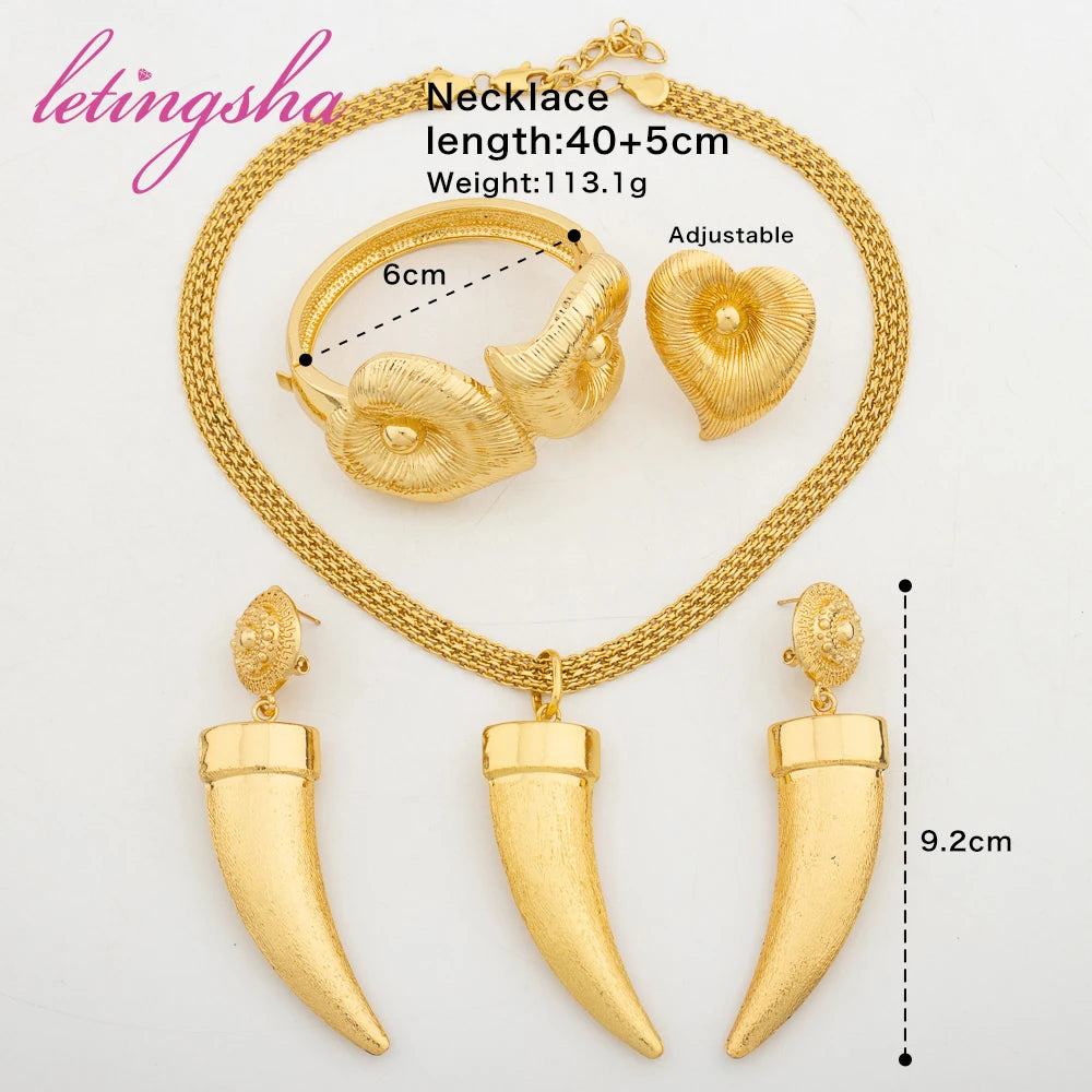 Dubai Fashion Large Necklace Earrings Bracelet Ring Set Italy Women Luxury Gold Color Jewelry Set African Jewelry Holiday Gift