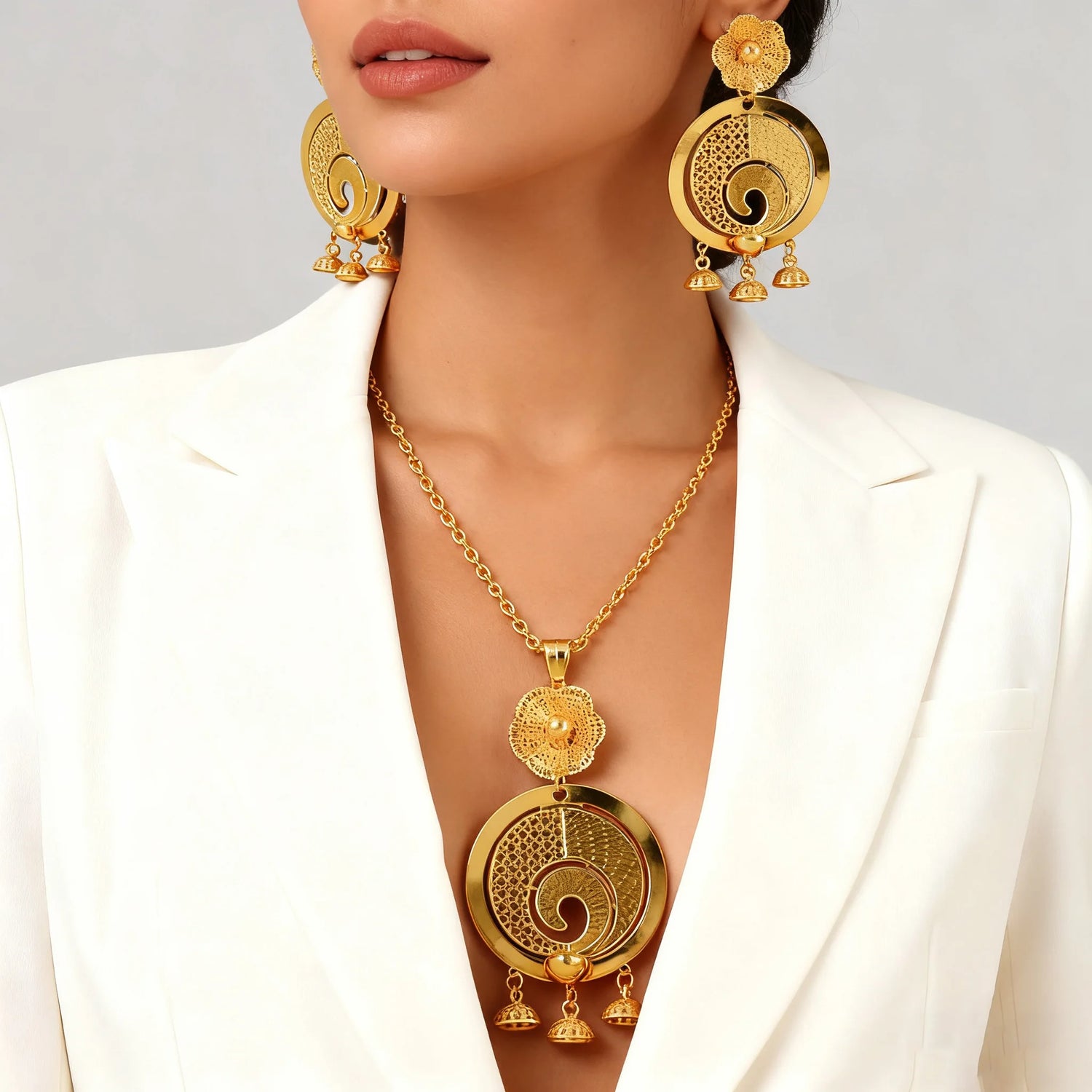 Gold Plated African Tribal Jewelry Set Arabic Style Necklace Earrings Suite for Women Bold Ethnic Gift Party Daily Jewelry