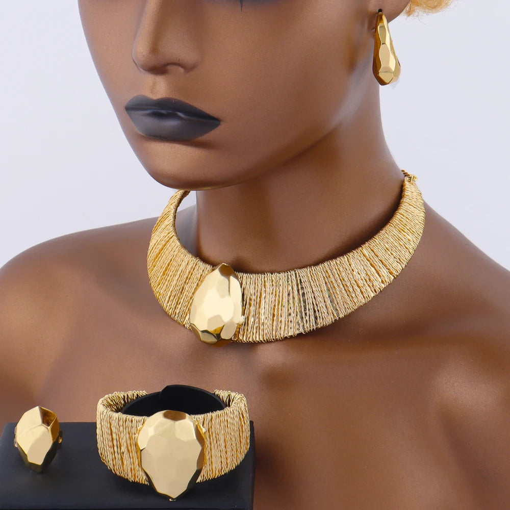 Gold Plated Noble Manual Weaving Necklace Earrings Bracelet Ring Set for Women Design Jewelry Gift for Party Wedding Christmas