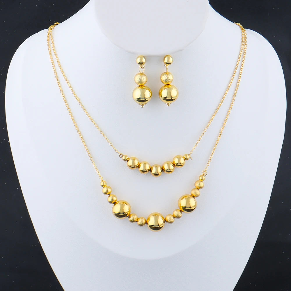 French Gold Plated Round bead Necklace Charm Earrings Set for Women Girl Light Luxury Gold Color Jewelry Gift for Party Wedding