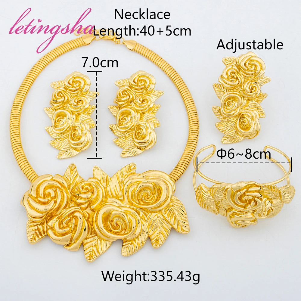 Dubai Classic Big Flower Pendant Jewelry Set for Women African Luxury Gold Plated Necklace Earrings Bangle Ring Set Wedding Part